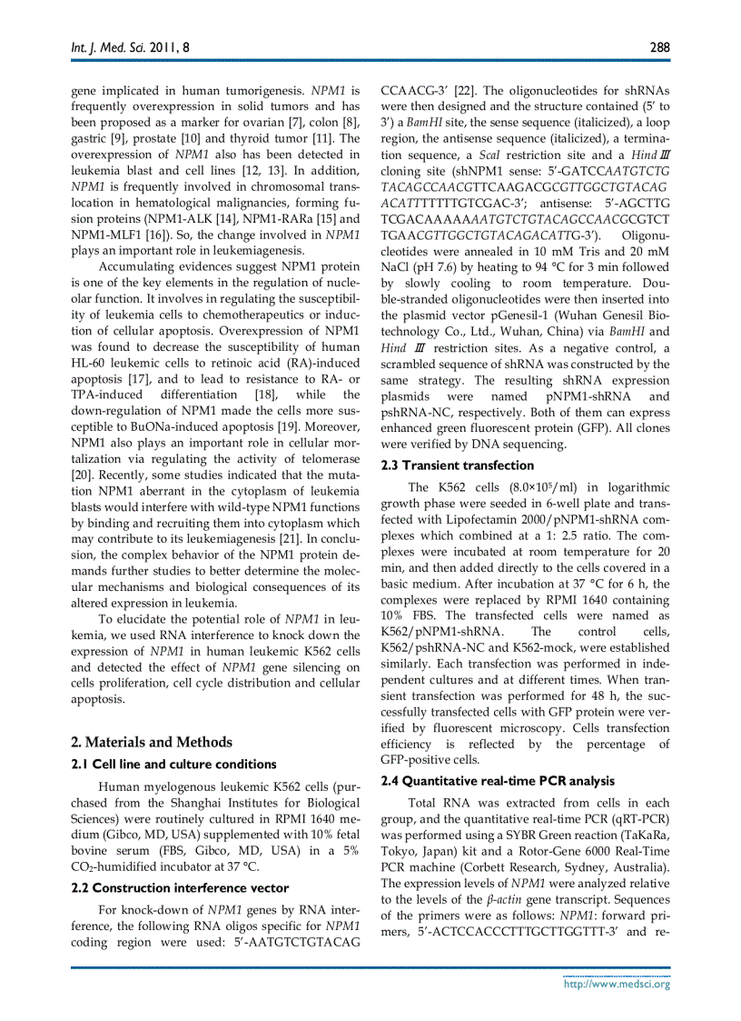 image for page Báo cáo y học Knockdown of NPM1 by RNA Interference Inhibits Cells Proliferation and Induces Apoptosis in Leukemic Cell Line