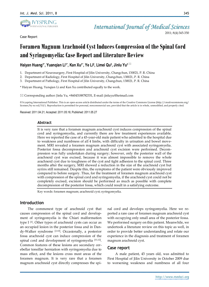 image for page Báo cáo y học Foramen Magnum Arachnoid Cyst Induces Compression of the Spinal Cord and Syringomyelia Case Report and Literature Review