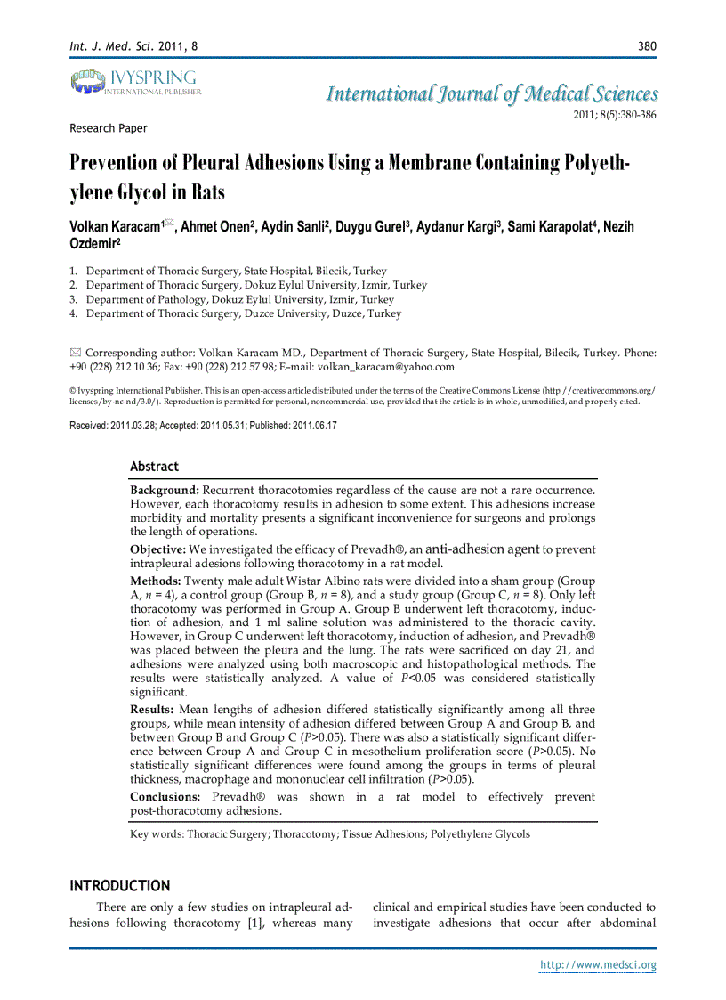 image for page Báo cáo y học Prevention of Pleural Adhesions Using a Membrane Containing Polyethylene Glycol
