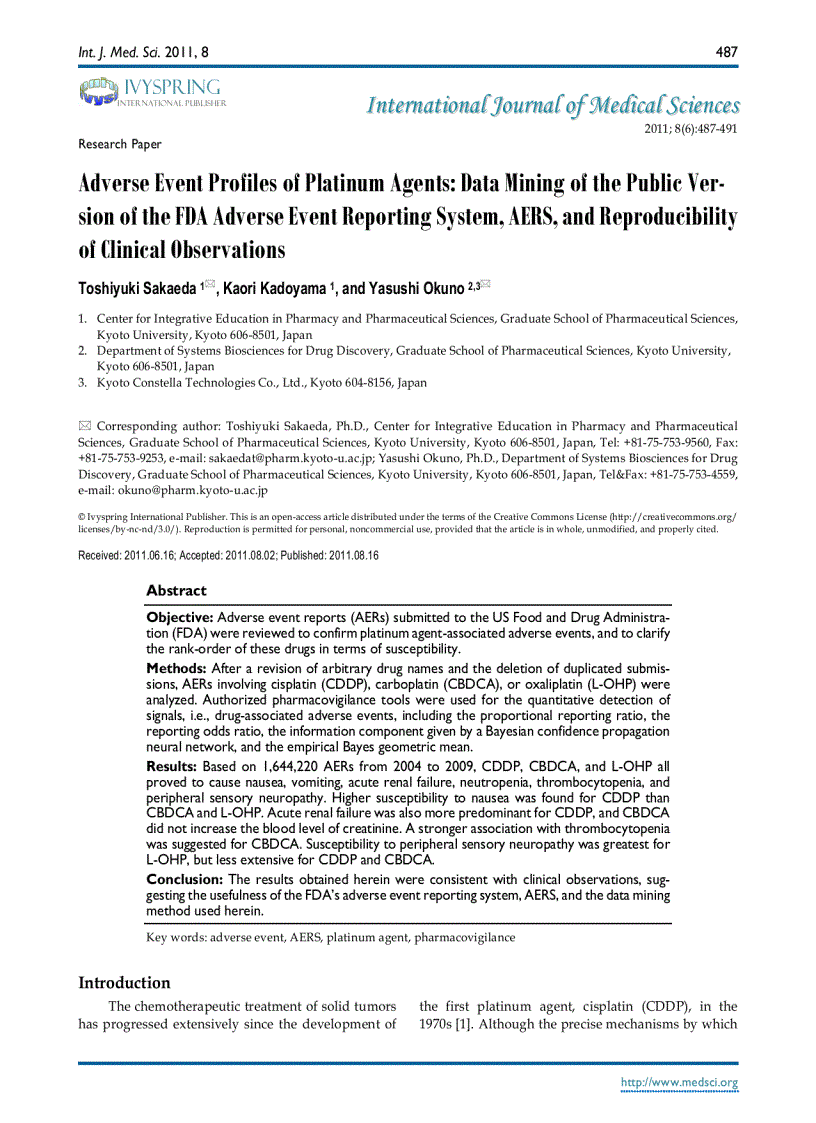 Báo cáo y học Adverse Event Profiles of Platinum Agents Data Mining of the Public Version of the FDA Adverse Event Reporting System AERS and Reproducibility of Clinical Observations