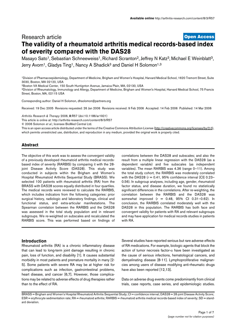 Báo cáo y học The validity of a rheumatoid arthritis medical records based index of severity compared with the DAS28