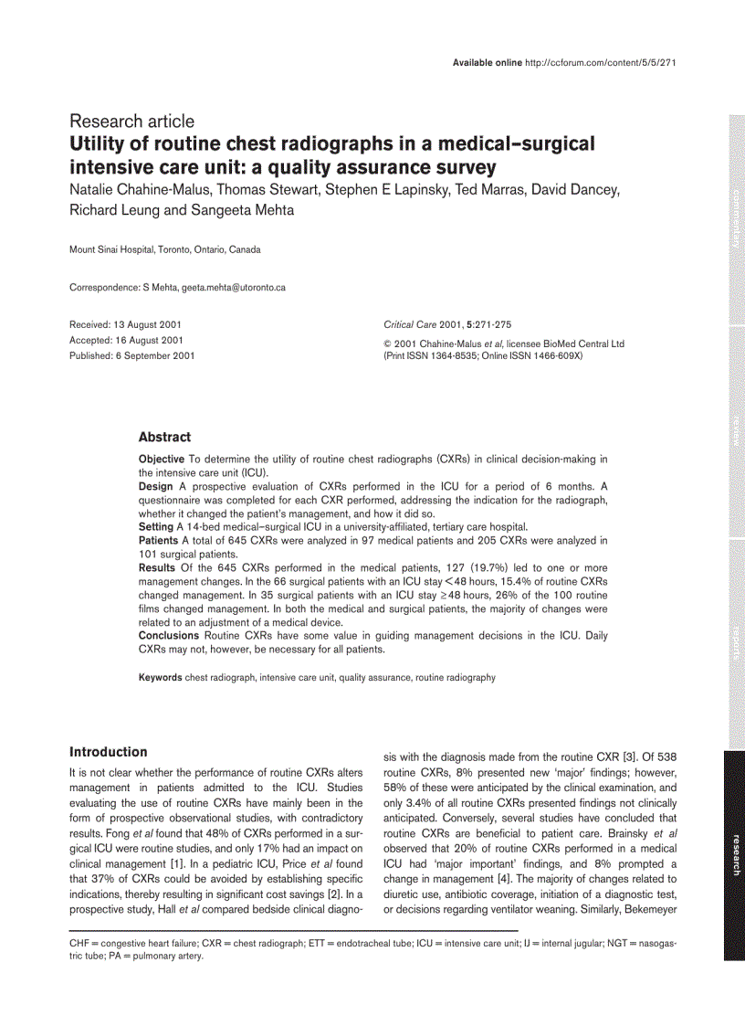 Báo cáo y học Utility of routine chest radiographs in a medical surgical intensive care unit a quality assurance survey