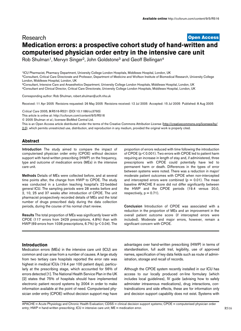 image for page Báo cáo khoa học Medication errors a prospective cohort study of hand written and computerised physician order entry in the intensive care unit