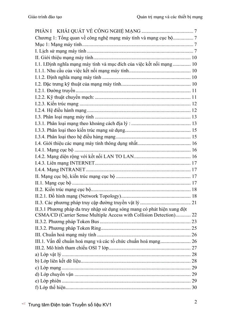 Giáo trình Quản trị mạng Trung tâm điện toán và truyền số liệu KV1