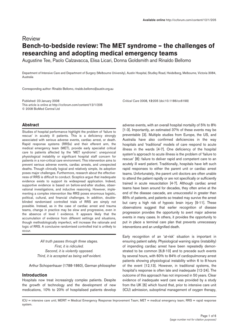 image for page Báo cáo y học Bench to bedside review The MET syndrome the challenges of researching and adopting medical emergency teams