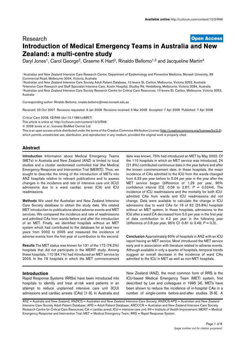 image for page Báo cáo y học Introduction of Medical Emergency Teams in Australia and New Zealand a multi centre study