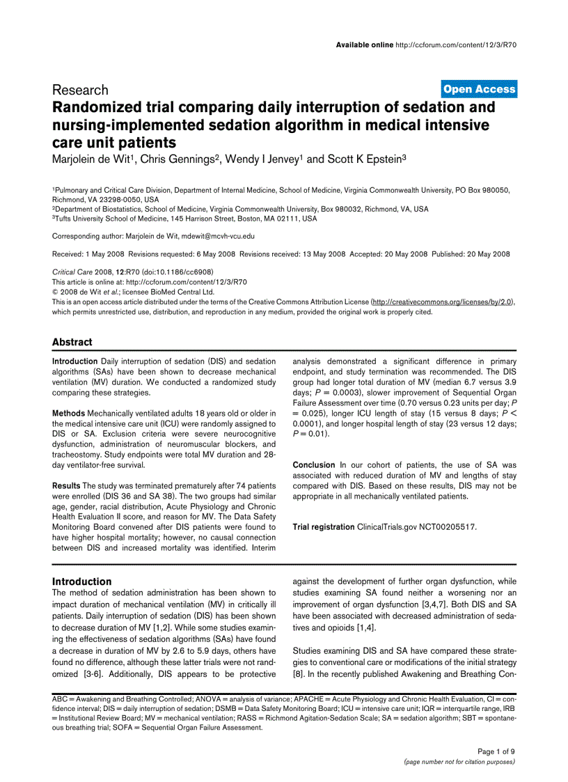 image for page Báo cáo y học Randomized trial comparing daily interruption of sedation and nursing implemented sedation algorithm in medical intensive care unit patients