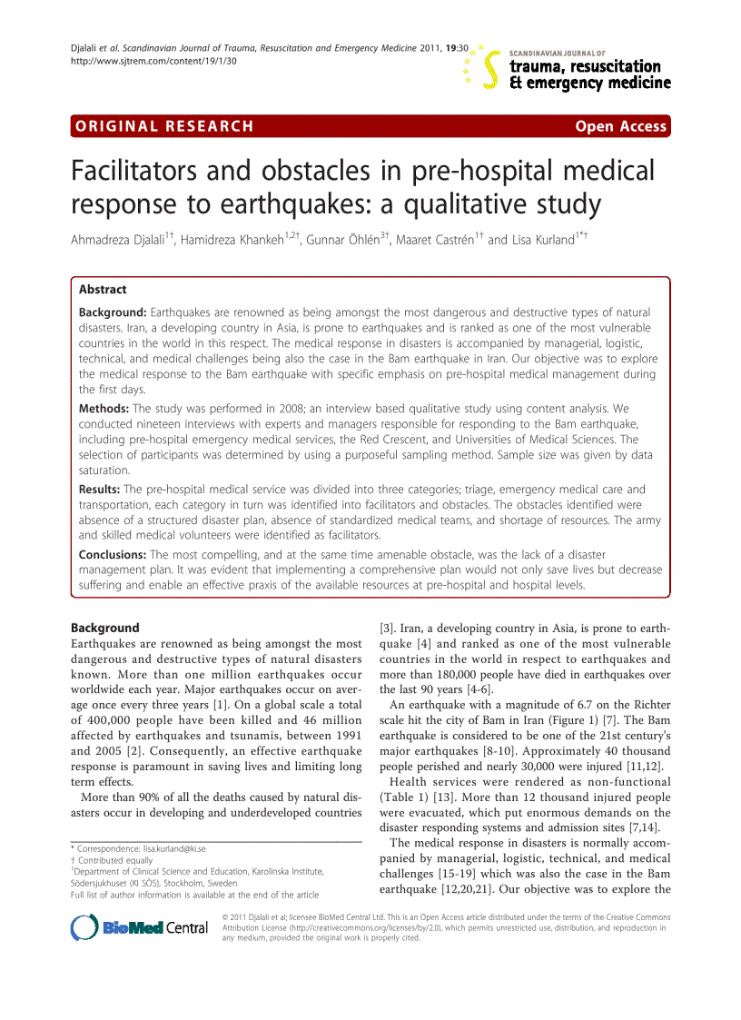image for page Báo cáo y học Facilitators and obstacles in pre hospital medical response to earthquakes a qualitative study