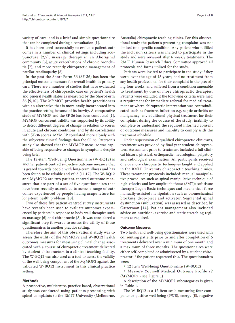image for page Báo cáo y học Use of the measure your medical outcome profile MYMOP2 and W BQ12 Well Being outcomes measures to evaluate chiropractic treatment an observational study