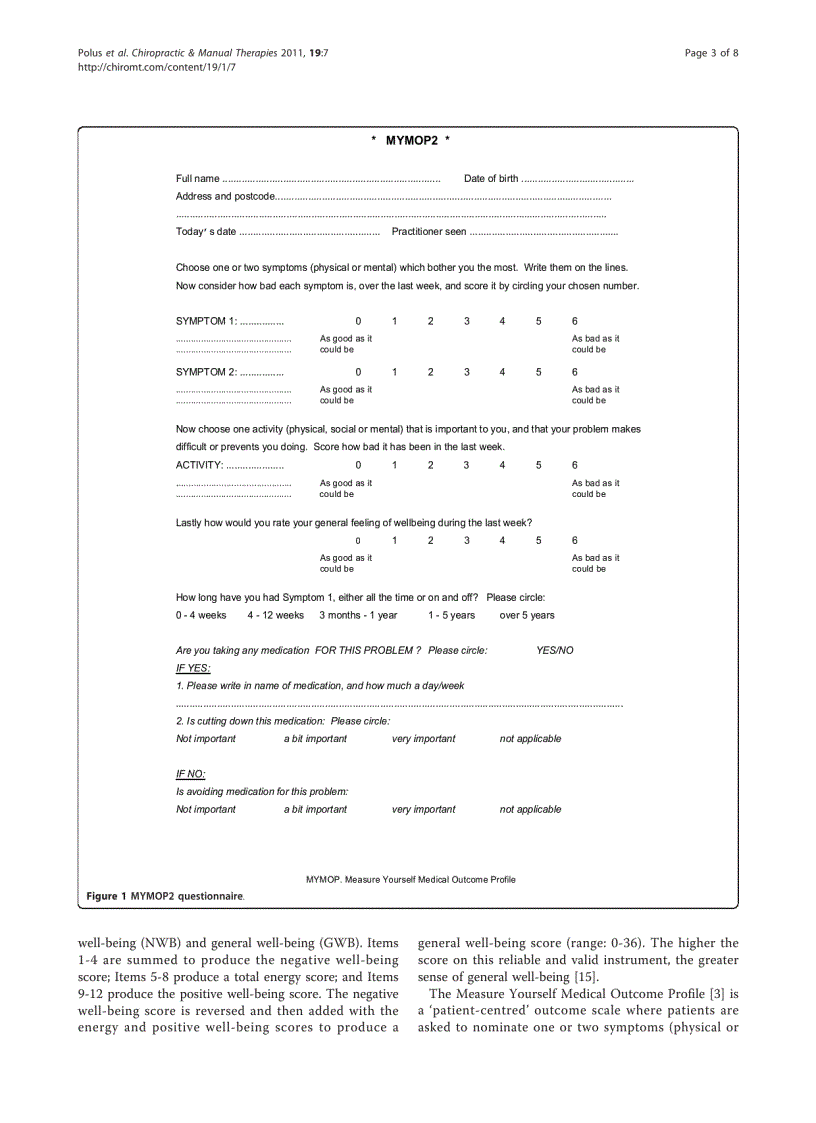 Báo cáo y học Use of the measure your medical outcome profile MYMOP2 and W BQ12 Well Being outcomes measures to evaluate chiropractic treatment an observational study