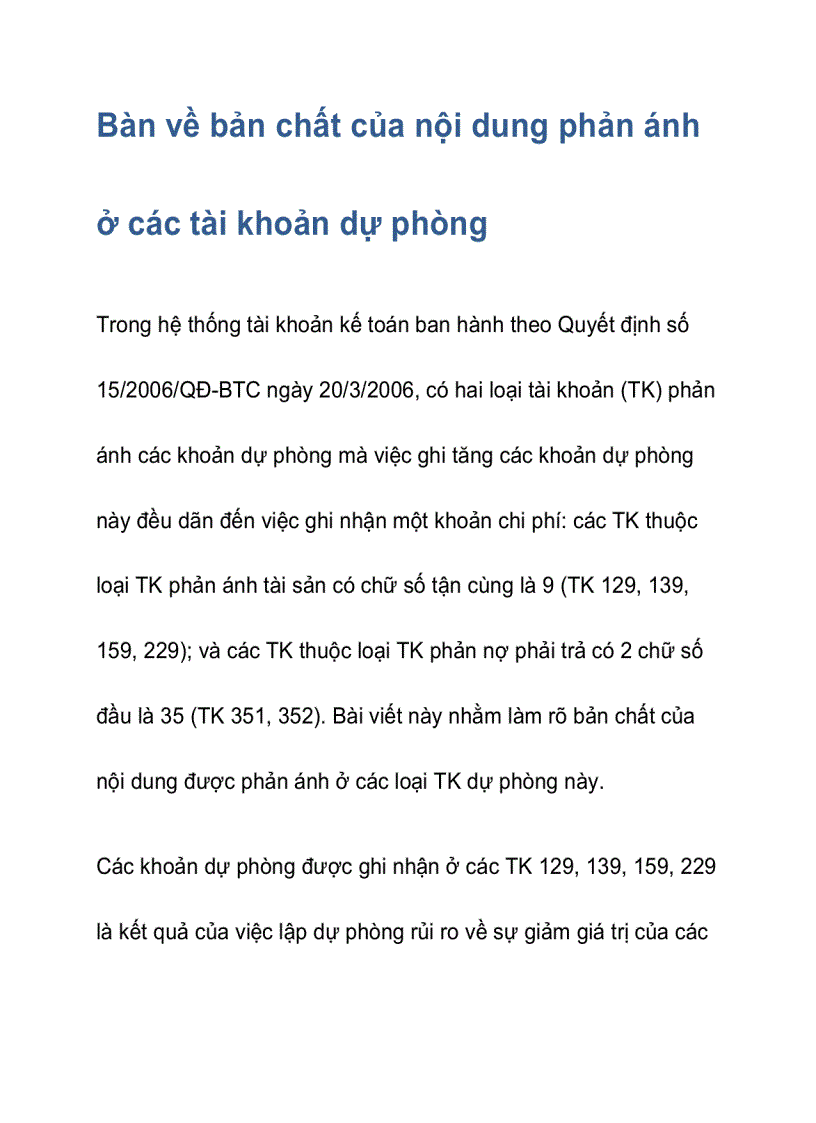 Bàn về bản chất của nội dung phản ánh ở các tài khoản dự phòng