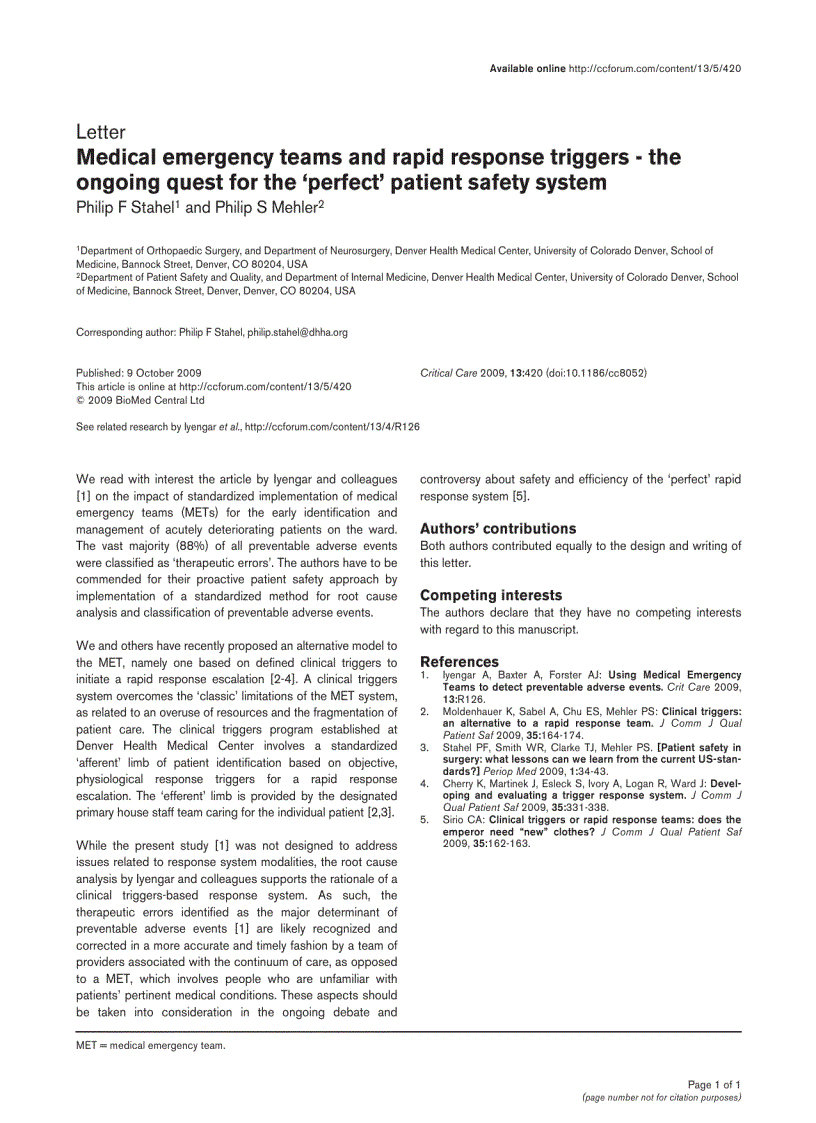 image for page Báo cáo y học Medical emergency teams and rapid response triggers the ongoing quest for the perfect patient safety system