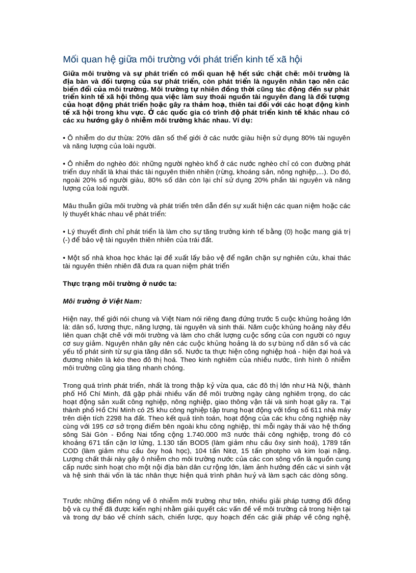 image for page Mối quan hệ giữa môi trường với phát triển kinh tế xã hội