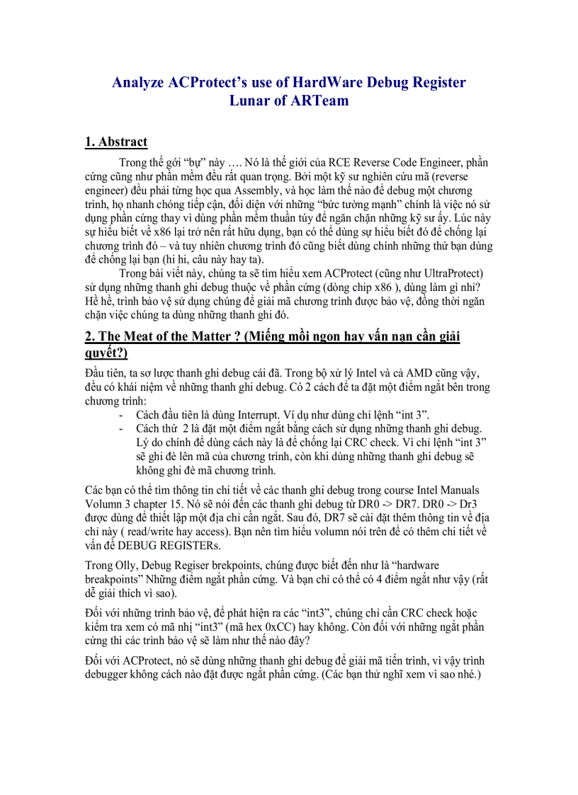 image for page Analyze ACProtect s use of HardWare Debug Register Lunar of ARTeam