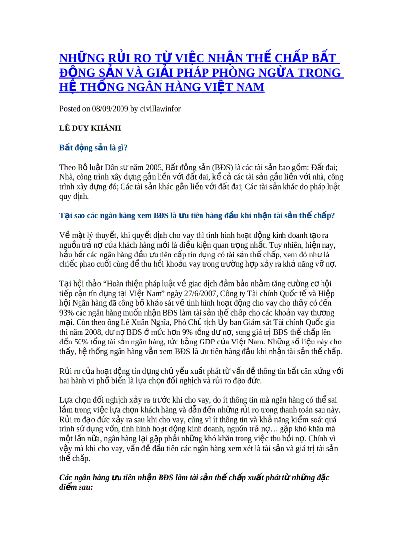 image for page Những rủi ro từ việc nhận thế chấp bất động sản và giải pháp phòng ngừa trong hệ thống ngân hàng việt nam