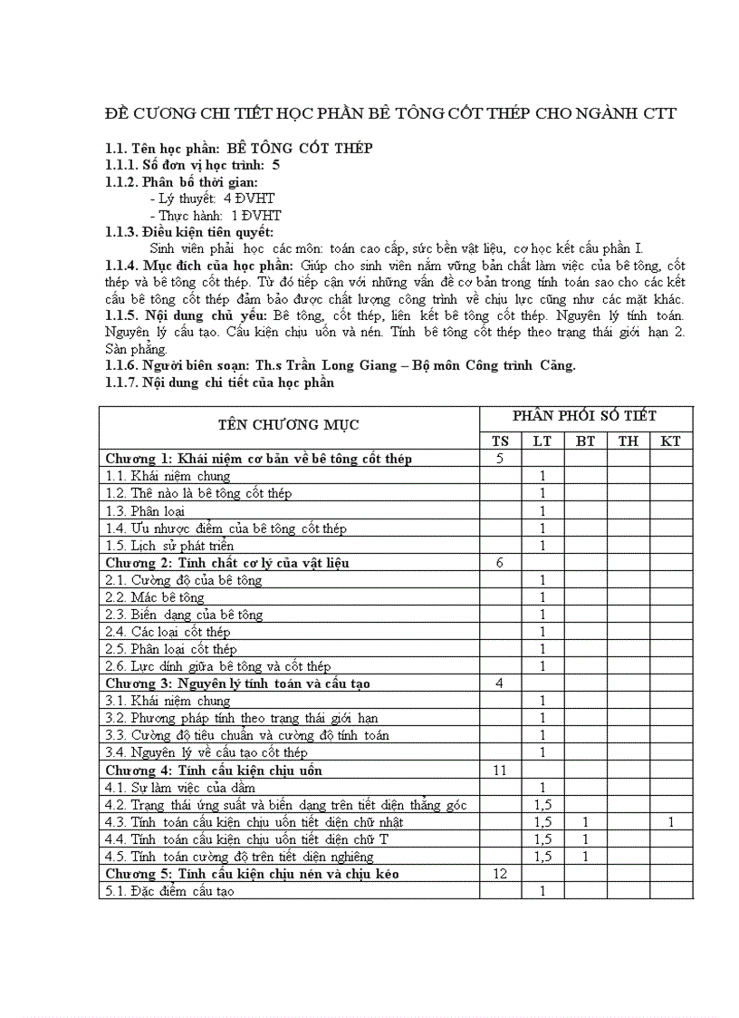 image for page Đề cương chi tiết học phần bê tông cốt thép cho ngành ctt