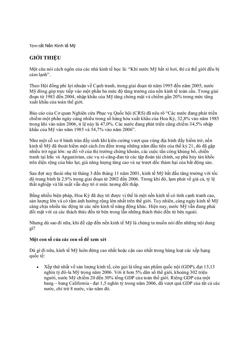 image for page Tóm tắt Nền Kinh tế Mỹ