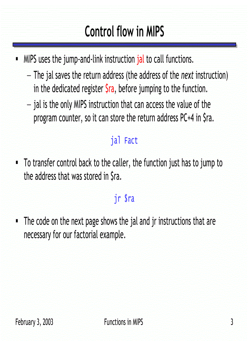 Functions in MIPS