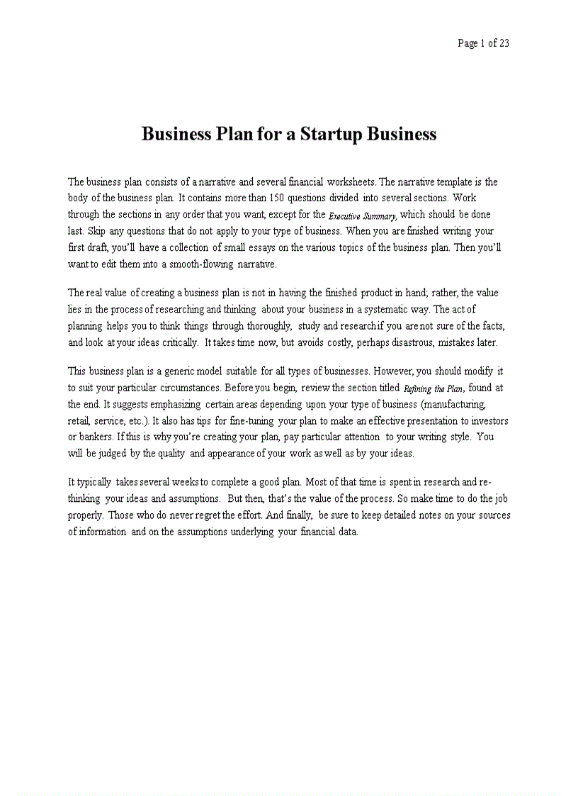 image for page Business Plan for a Startup Business 1