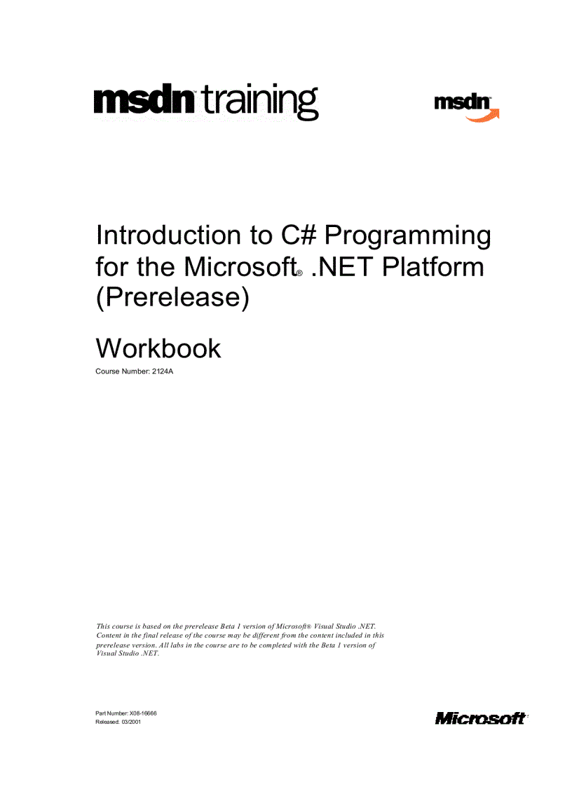 Introduction to C Programming for the Microsoft NET Platform Prerelease