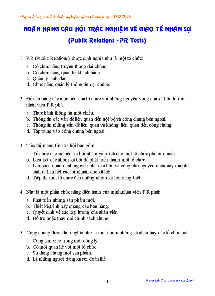 image for page Ngân hàng câu hỏi trắc nghiệm về giao tế nhân sự Public Relations PR Tests