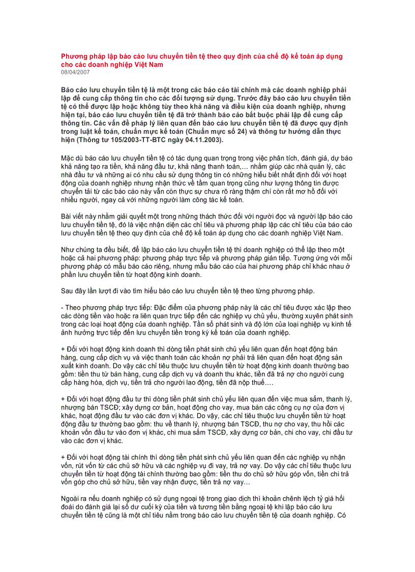 Phương pháp lập báo cáo lưu chuyển tiền tệ theo quy định của chếđộ kế toán áp dụng cho các doanh nghiệp Việt Nam