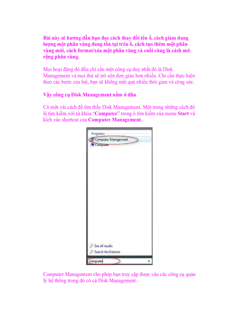 Quản lí ổ cứng với Disk Management