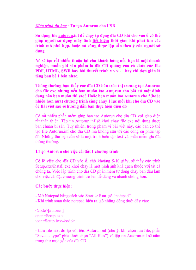 image for page Giáo trình tin học Tự tạo Autorun cho USB