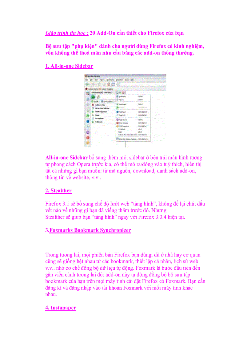 image for page Giáo trình tin học 20 Add On cần thiết cho Firefox của bạn