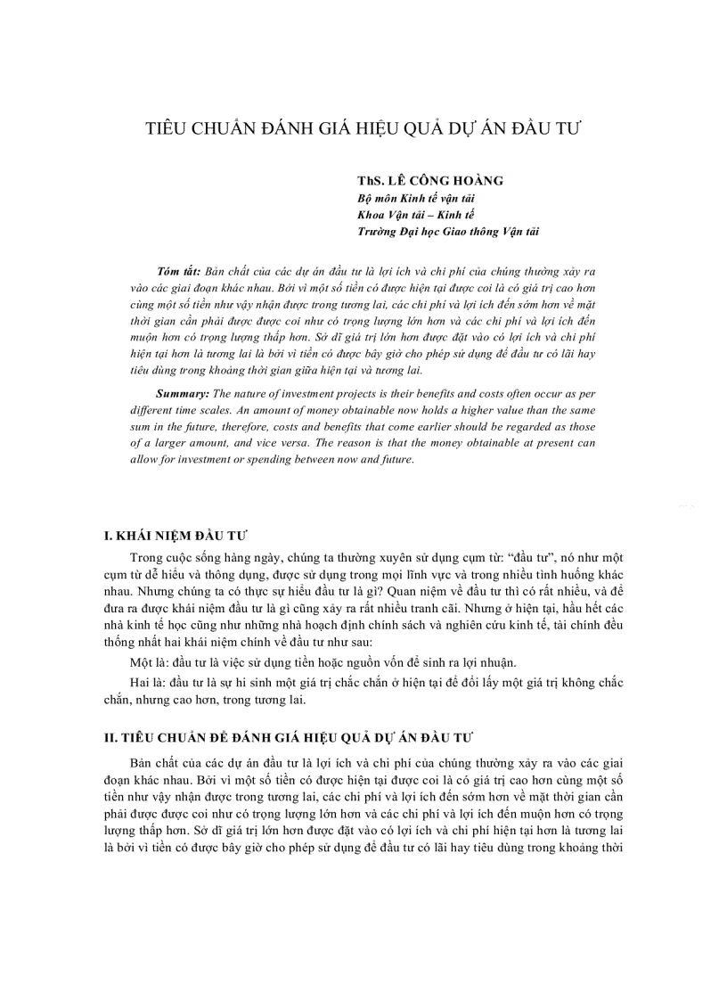 image for page Tiêu chuẩn đánh giá hiệu quả dự án đầu tư