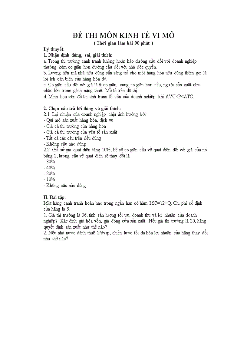 Đề thi kinh tế vi mô tổng hợp