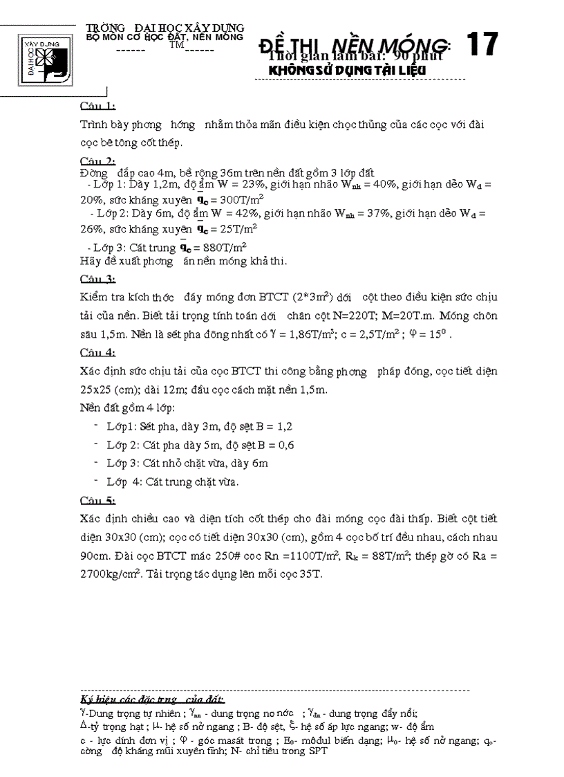 image for page Đề thi môn nền móng Đại Học Xây Dựng