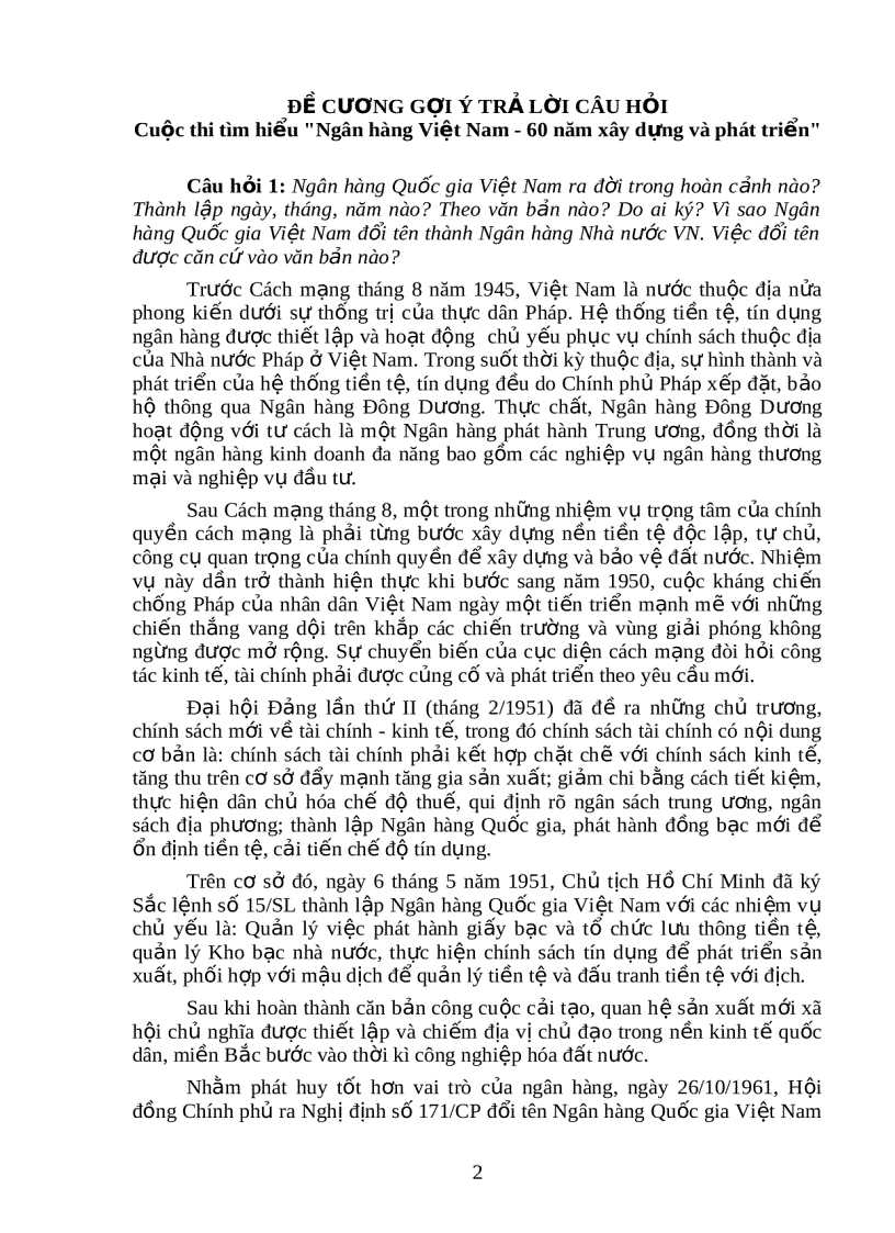 ĐỀ CƯƠNG GỢI Ý TRẢ LỜI CÂU HỎI Cuộc thi tìm hiểu Ngân hàng Việt Nam 60 năm xây dựng và phát triển