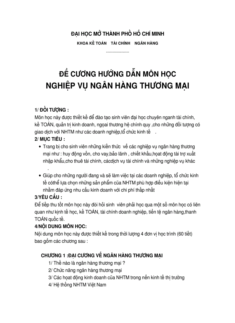 image for page Đề cương hướng dẫn môn học nghiệp vụ ngân hàng thương mại