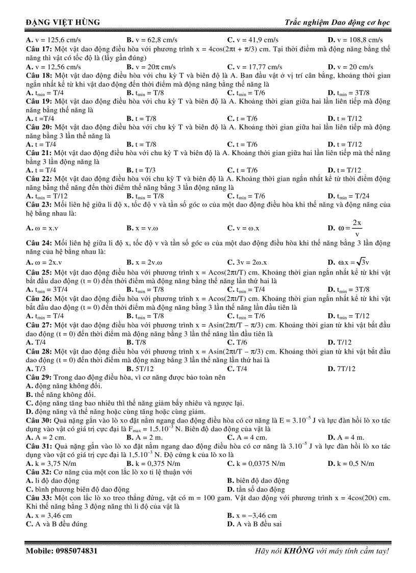 image for page Trắc nghiệm Dao động cơ học 05 NĂNG LƯỢNG DAO ĐỘNG ĐIỀU HÒA