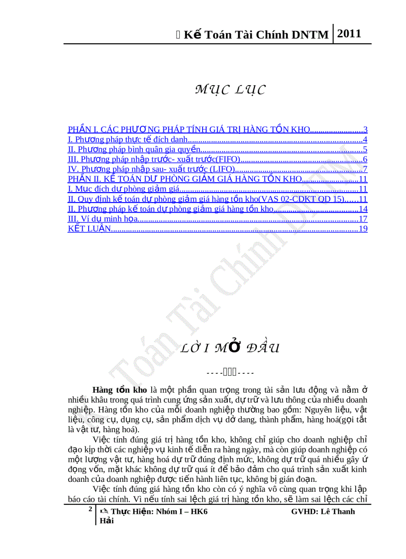 Kế Toán Tài Chính DNTM Các Phương Pháp Tính Giá Trị Hàng Tồn Kho Kế Toán Dự Phòng Giảm Giá Tồn Kho