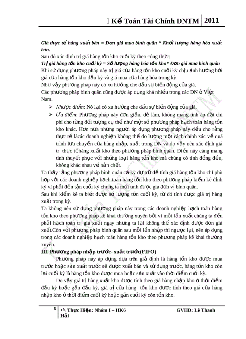 Kế Toán Tài Chính DNTM Các Phương Pháp Tính Giá Trị Hàng Tồn Kho Kế Toán Dự Phòng Giảm Giá Tồn Kho