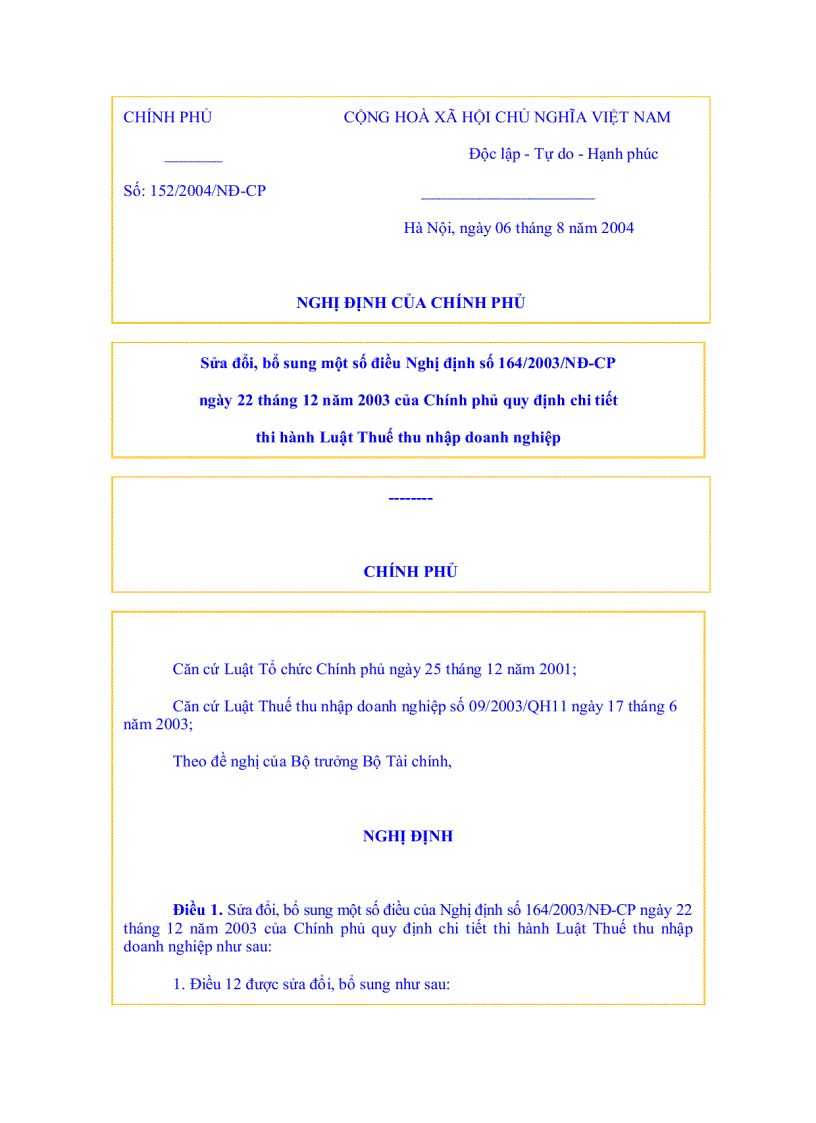 image for page Bổ sung một số điều Nghị định số 164 2003 NĐ CP ngày 22 tháng 12 năm 2003 của Chính phủ quy định chi tiết thi hành Luật Thuế thu nhập doanh nghiệp