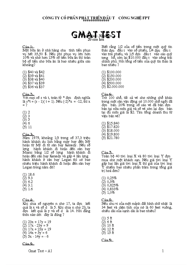 image for page Đề thi FPT GMAT A1 có đáp án