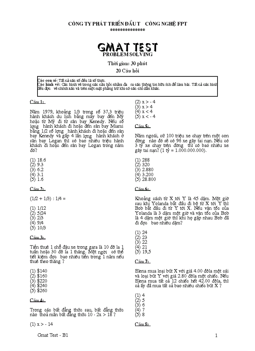 image for page Đề thi GMAT test B1 Problem Solving FPT có đáp án