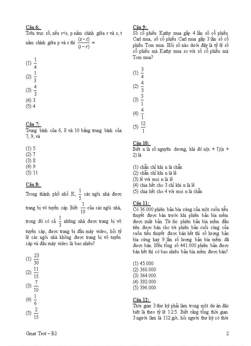 Đề thi GMAT test B2 Problem Solving FPT có đáp án