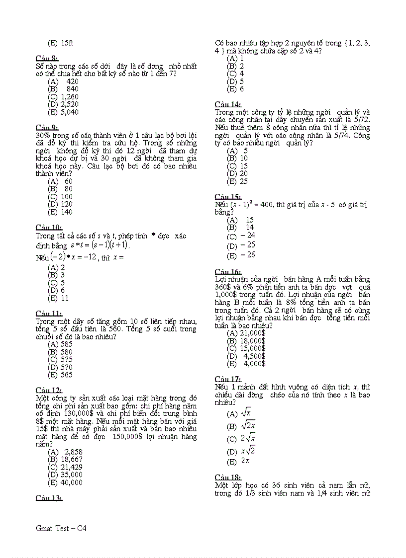 Đề thi GMAT test C3 Problem Solving FPT