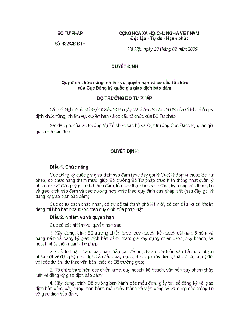 image for page Quy định chức năng nhiệm vụ quyền hạn và cơ cấu tổ chức của Cục Đăng ký quốc gia giao dịch bảo đảm