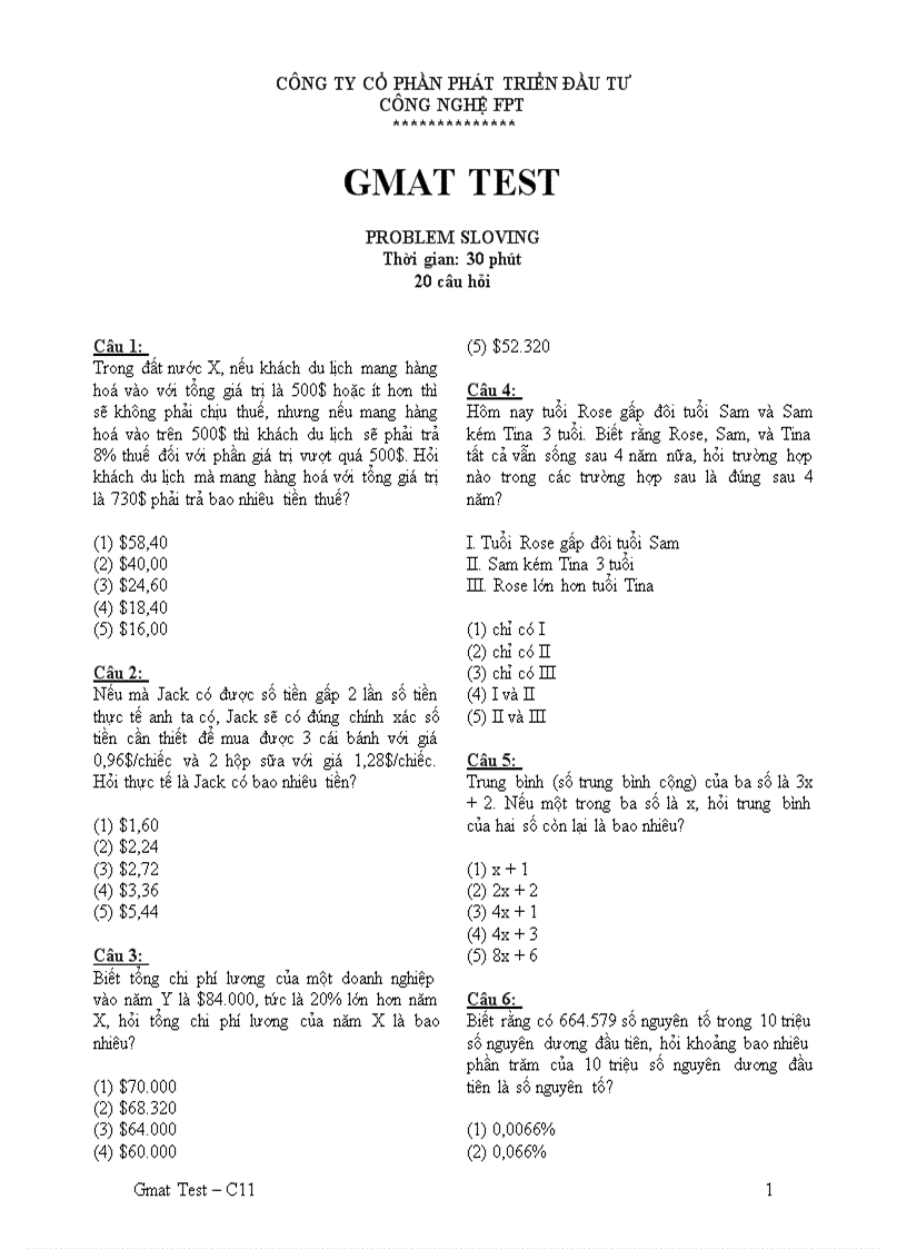 image for page Đề thi GMAT test C10 Problem Solving FPT có đáp án