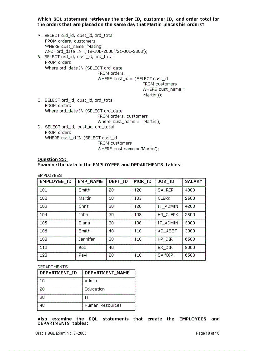 image for page Oracle SQL Exam No 2