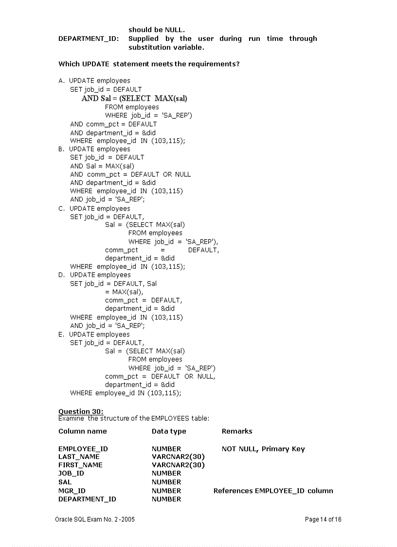 image for page Oracle SQL Exam No 2