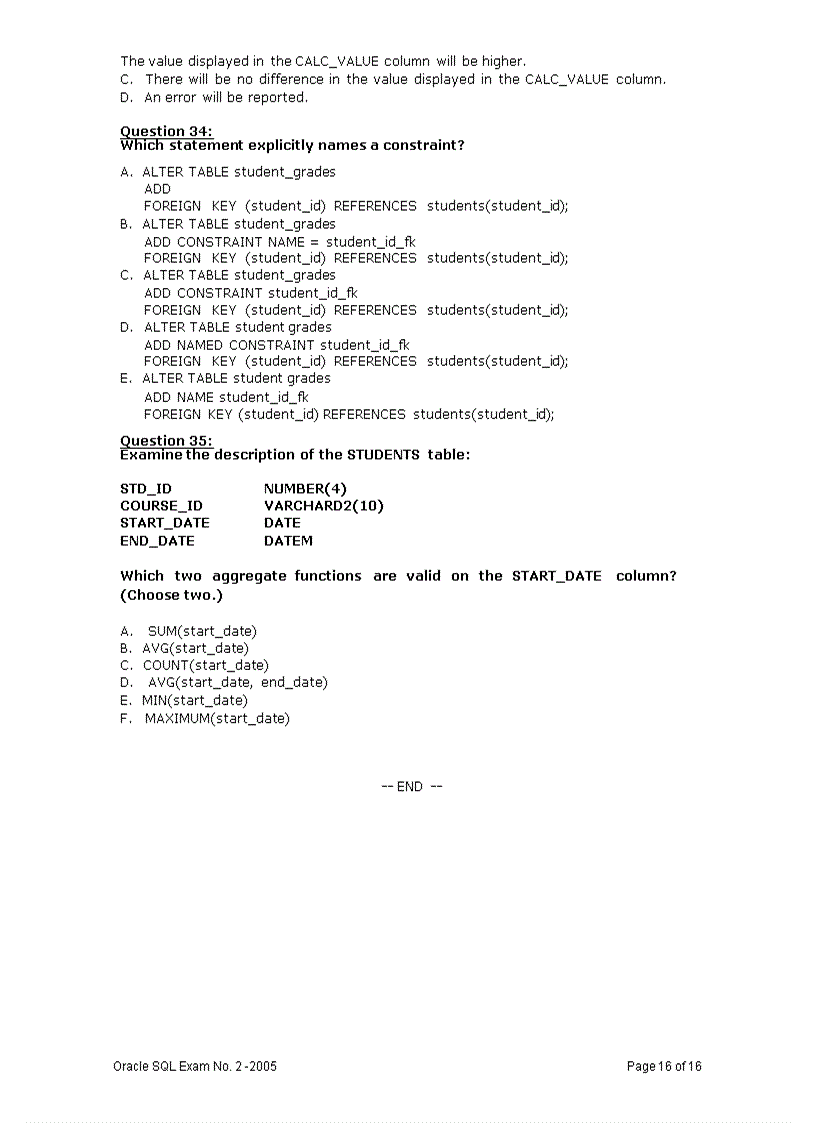 image for page Oracle SQL Exam No 2