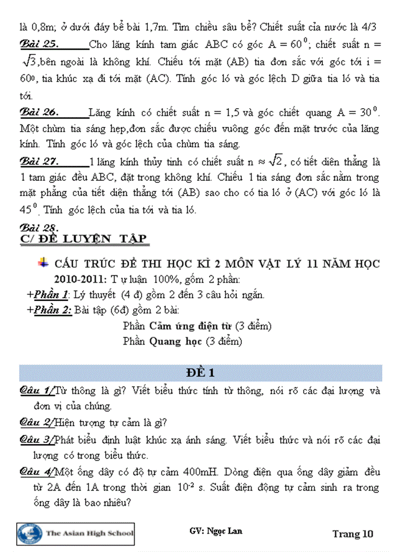image for page Đề cương ôn tập thi học kì 2 Môn vật lý 11