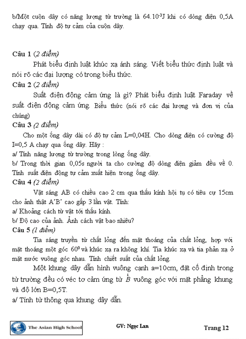 image for page Đề cương ôn tập thi học kì 2 Môn vật lý 11