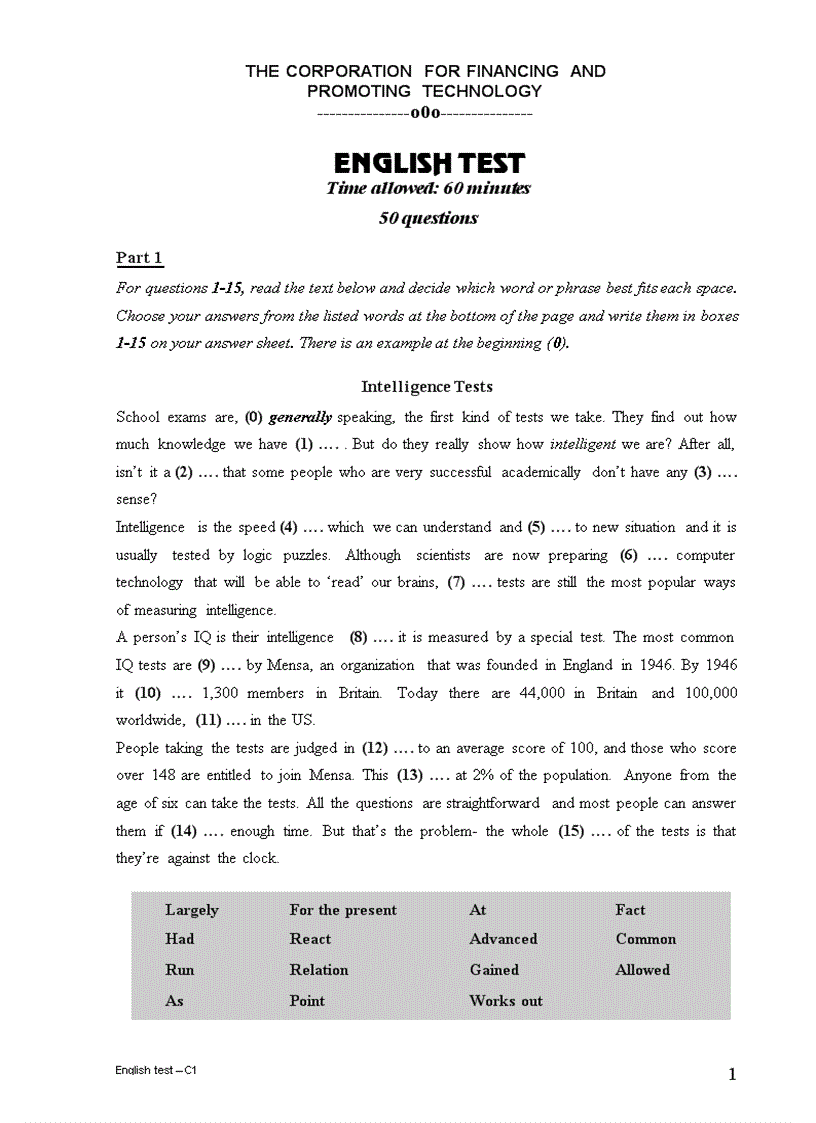 image for page Đề thi Anh C 1 FPT có đáp án